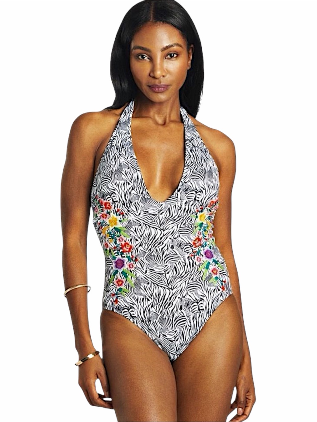Johnny Was Spring Halter Embroidered One Piece Swimsuit